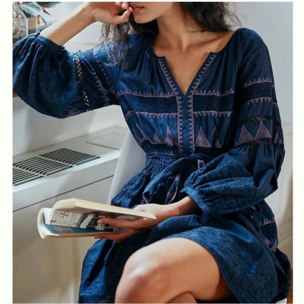 Anthropologie Skye Embroidered Mini Dress Blue Size Small